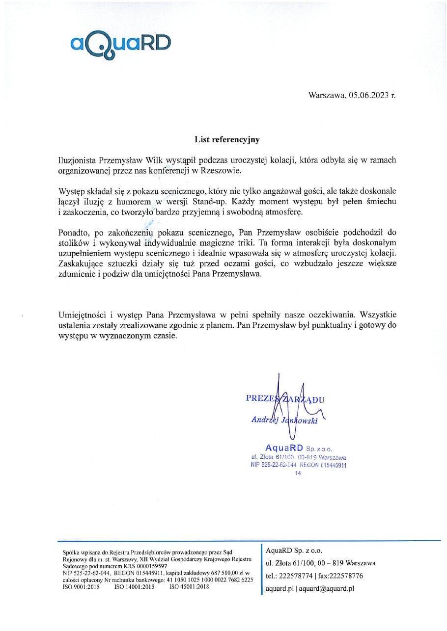 List referencyjny aQuaRD dla iluzjonisty Przemysława Wilka
