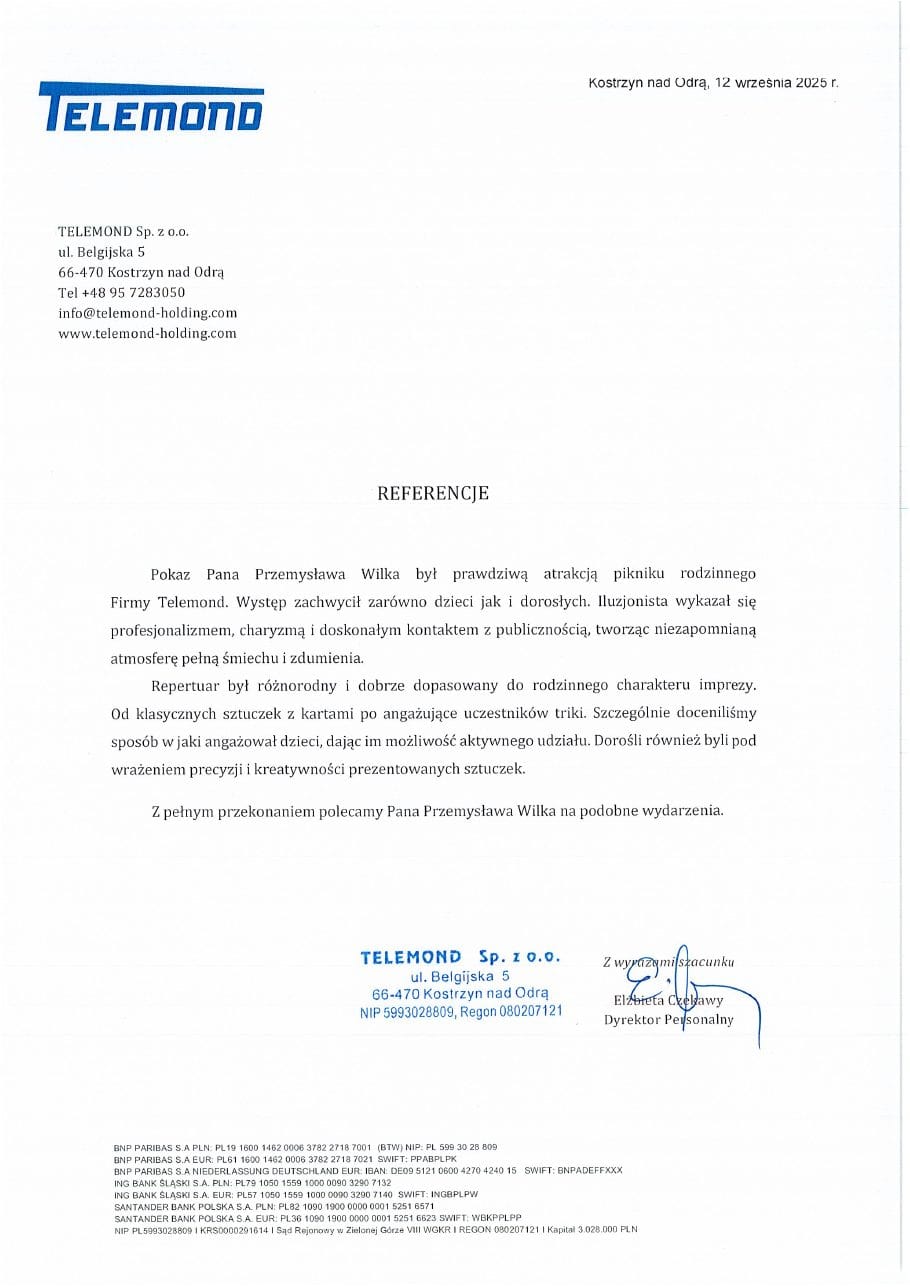 Referencje Telemond dla iluzjonisty Przemysława Wilka